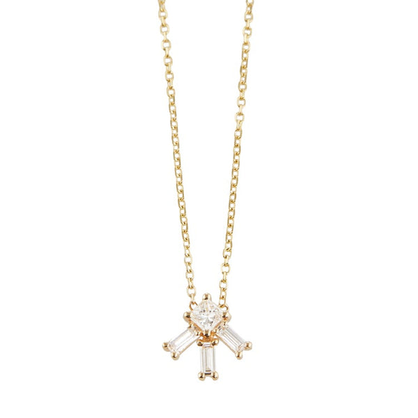 Vale Jewelry Larkspur Necklace with Princess Cut and Baguette Cut White Diamonds on Diamond Cut Cable Chain  in 14 Karat Yellow Gold Close Up