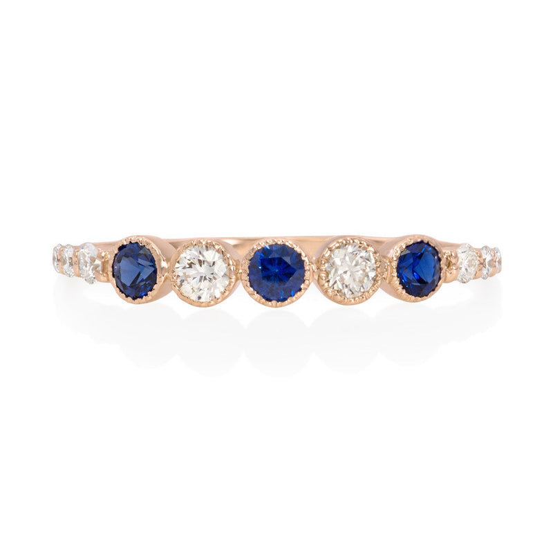Vale Jewelry Leila Ring with Blue Sapphires and White Diamonds in 14 Karat Rose Gold Front View
