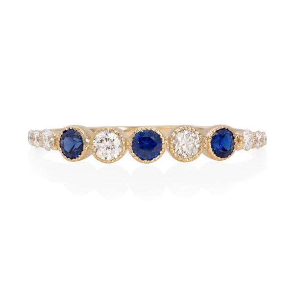 Vale Jewelry Leila Ring with Blue Sapphires and White Diamonds in 14 Karat Yellow Gold Front View