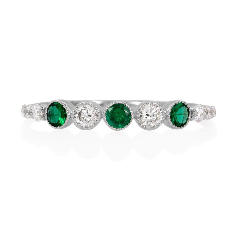 Vale Jewelry Leila Ring with Emeralds and White Diamonds in 14 Karat White Gold Front View