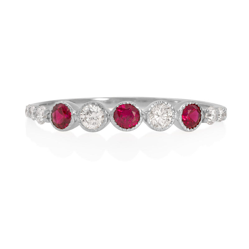 Vale Jewelry Leila Ring with Rubies and White Diamonds in 14 Karat White Gold Front View