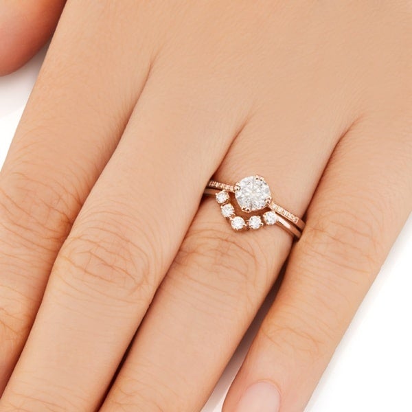 Vale Jewelry Livia Ring with White Diamonds in 14 Karat Rose Gold Wedding Set Hand View