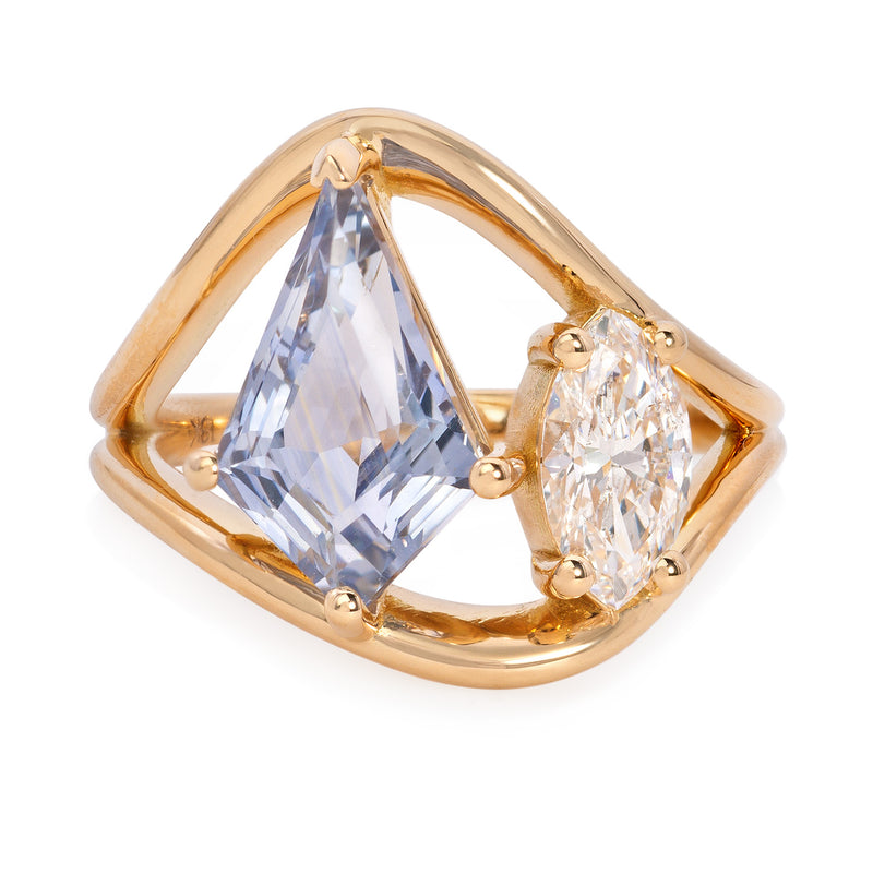 Vale Jewelry Loop Ring Kite Cut Sapphire and Marquise Diamond Ring 18K Yellow Gold Front View
