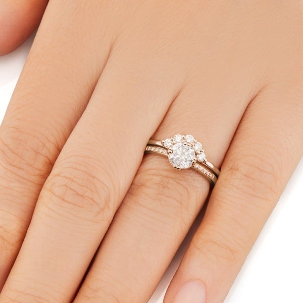 Vale Jewelry Lucia Ring with White Diamonds in 14 Karat Rose Gold Wedding Set Hand View
