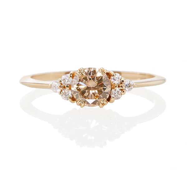 Vale Jewelry Lune Ring with Round Brilliant Cut Champagne Diamond Center and White Diamond Accents in 14 Karat Yellow Gold Front View