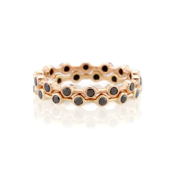 Vale Jewelry Lunette Ring with Eternity Bezel Set Black Diamonds in 14 Karat Rose Gold Stack