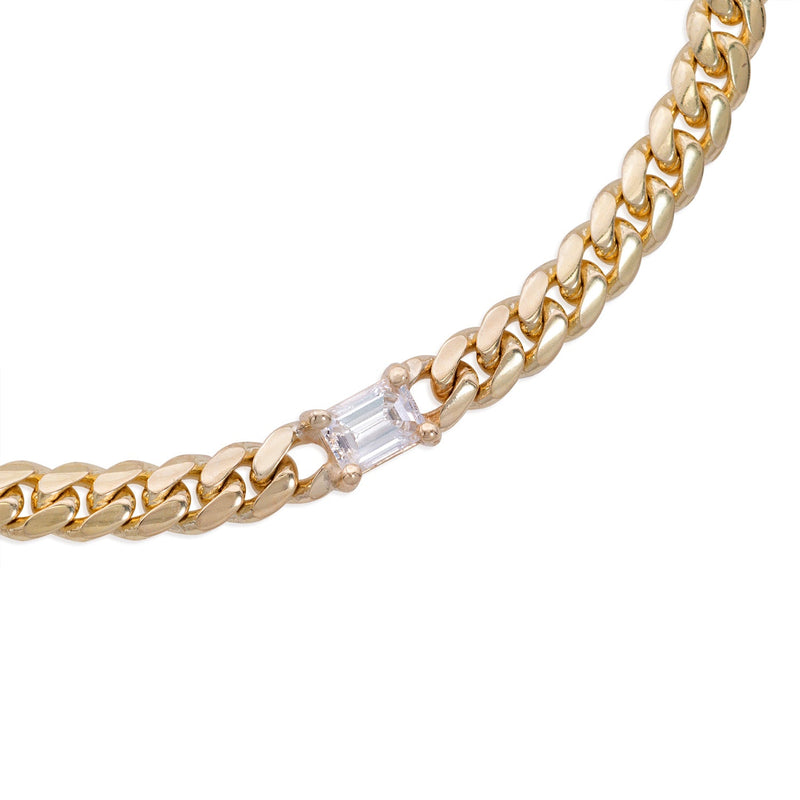 Vale Jewelry Marnie Curb Chain Bracelet with White Emerald Cut Diamond in 14 Karat Yellow Gold Close Up