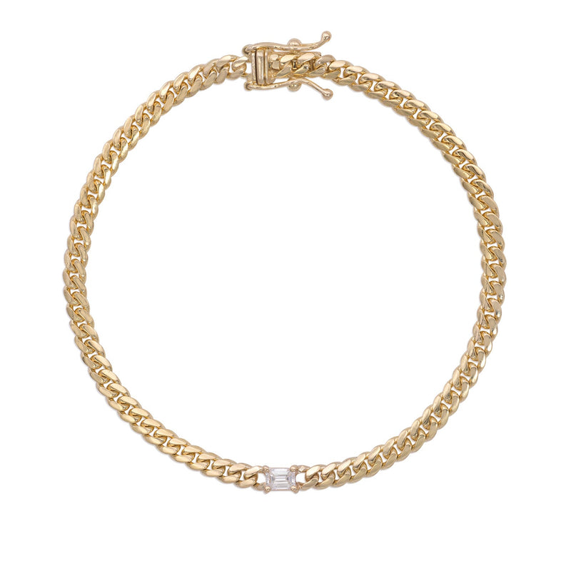Vale Jewelry Marnie Curb Chain Bracelet with White Emerald Cut Diamond in 14 Karat Yellow Gold Full Circle