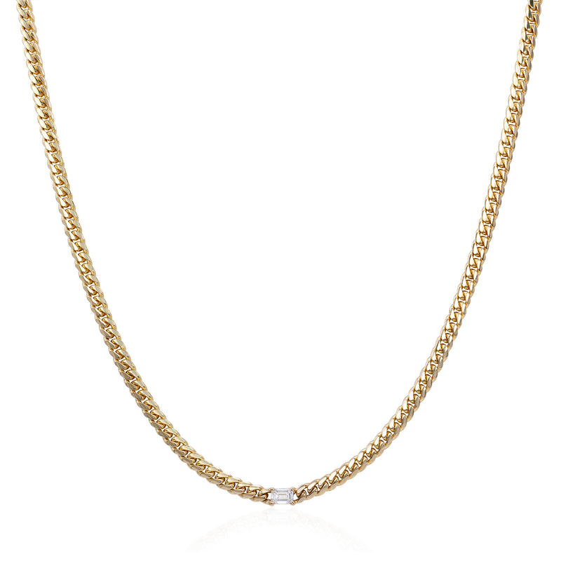 Vale Jewelry Marnie Curb Chain Necklace with Emerald Cut White Diamond in 14 Karat Yellow Gold Close Up