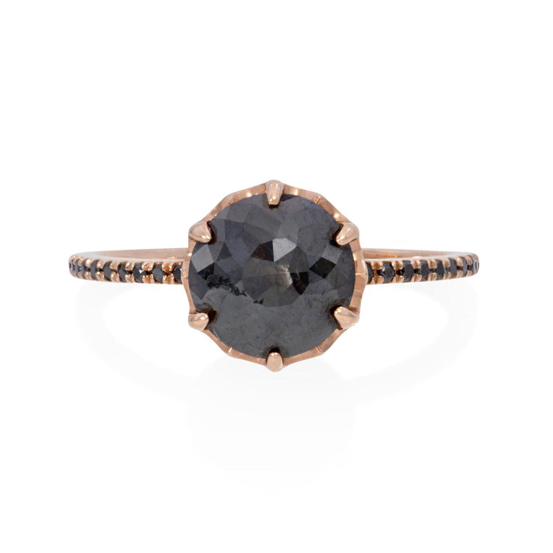 Vale Jewelry Mojave Ring with Rose Cut Black Diamond and Black Diamond Pave Accents in 14 Karat Rose Gold Front View 