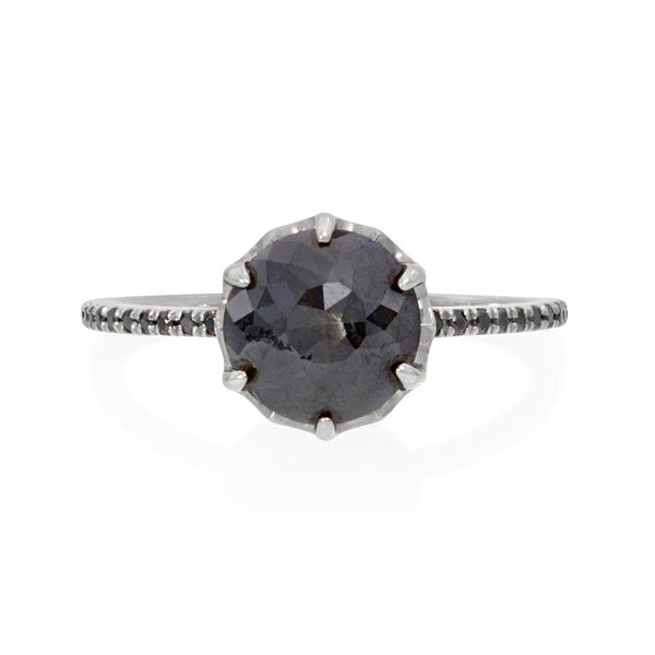 Vale Jewelry Mojave Ring with Rose Cut Black Diamond and Black Diamond Pave Accents in 14 Karat White Gold Front View 