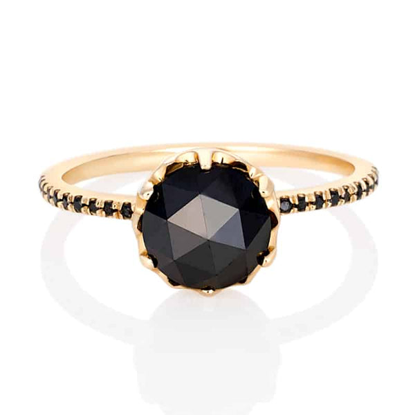 Vale Jewelry Mojave Ring with Rose Cut Black Diamond and Black Diamond Pave Accents in 14 Karat Yellow Gold Front View 