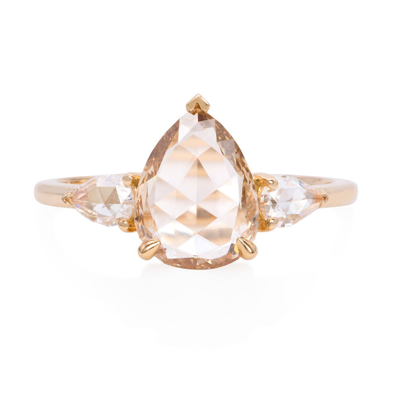 Vale Jewelry OOAK Champagne Pear Shaped Rose Cut Diamond Center with White Pear Shaped Rose Cut Diamond Accents in 18 Karat Yellow Gold Front View