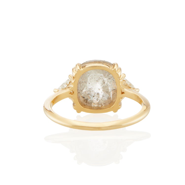 Vale Jewelry OOAK Cushion Shape Rose Cut Grey Diamond Ring in 18 Karat Yellow Gold Back View