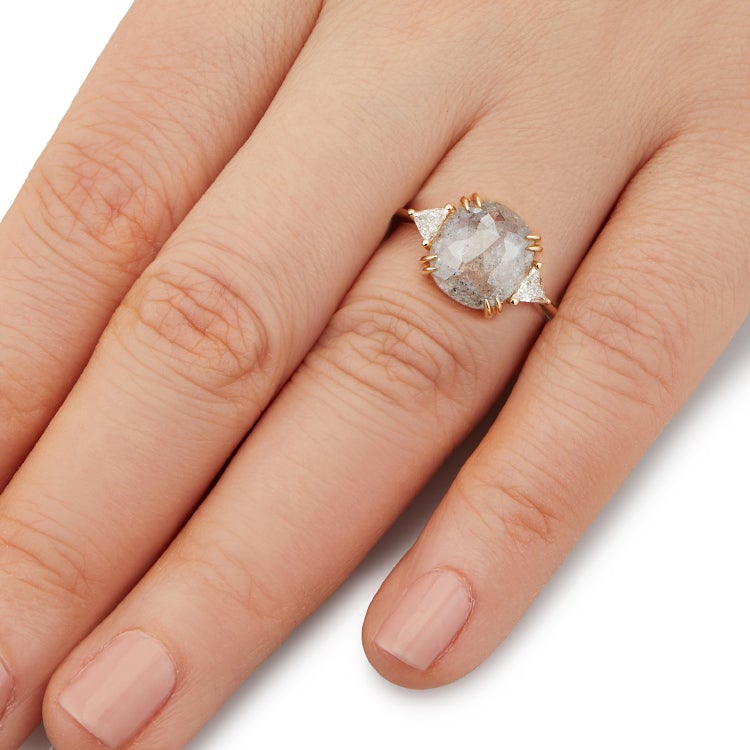 Vale Jewelry OOAK Cushion Shape Rose Cut Grey Diamond Ring in 18 Karat Yellow Gold Hand View
