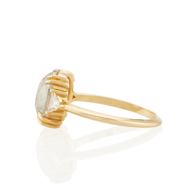 Vale Jewelry OOAK Cushion Shape Rose Cut Grey Diamond Ring in 18 Karat Yellow Gold Side View