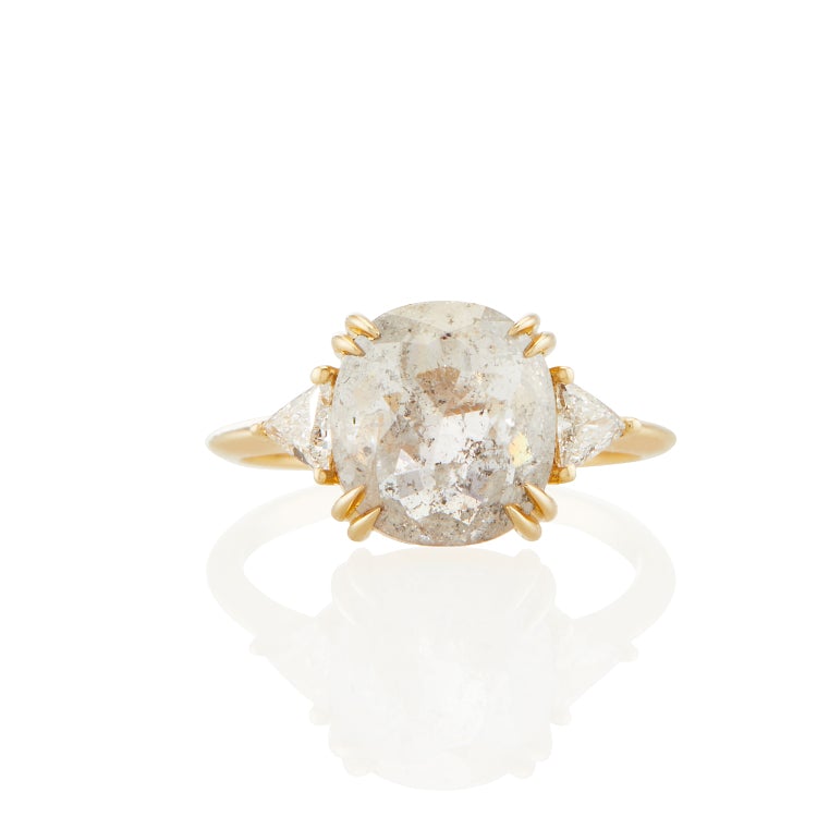 Vale Jewelry OOAK Cushion Shape Rose Cut Grey Diamond Ring in 18 Karat Yellow Gold Front View