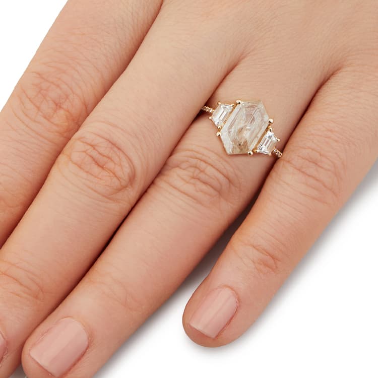 Vale Jewelry OOAK Hexagon Shield Shape Grey Rose Cut Diamond Ring in 18 Karat Yellow Gold Hand View