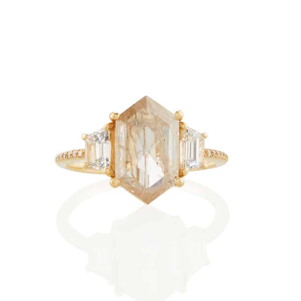 Vale Jewelry OOAK Hexagon Shield Shape Grey Rose Cut Diamond Ring in 18 Karat Yellow Gold Front View