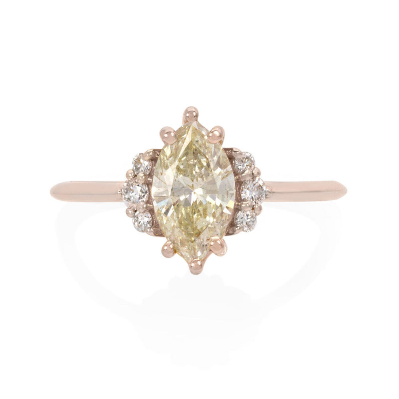 Vale Jewelry OOAK Martine Ring with 0.89 Carat Light Greenish Yellow Marquise Brilliant Cut Diamond and White Diamond Accents in 14 Karat Rose Gold Front View