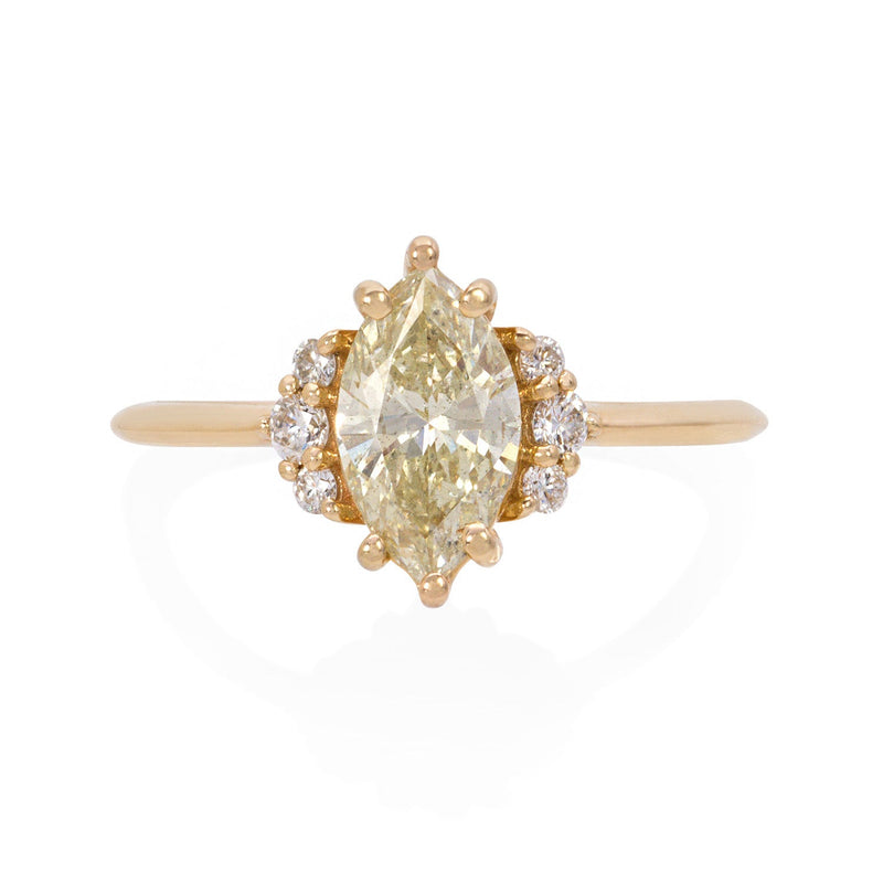 Vale Jewelry OOAK Martine Ring with 0.89 Carat Light Greenish Yellow Marquise Brilliant Cut Diamond and White Diamond Accents in 14 Karat Yellow Gold Front View