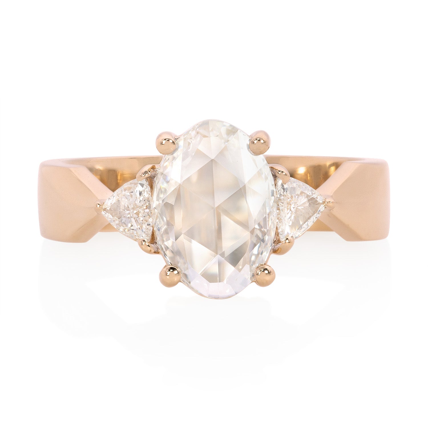 Vale Jewelry One of a Kind Oval Rose Cut and Trillion Belted Diamond Ring in Rose Gold Front View