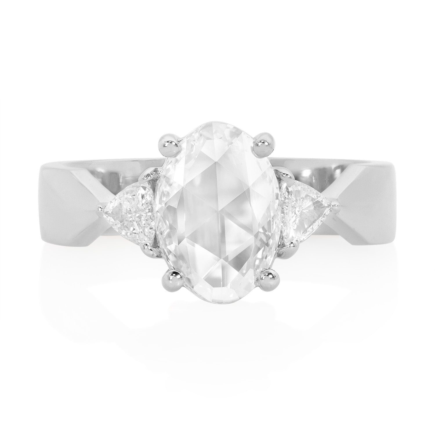 Vale Jewelry One of a Kind Oval Rose Cut and Trillion Belted Diamond Ring in White Gold Front View