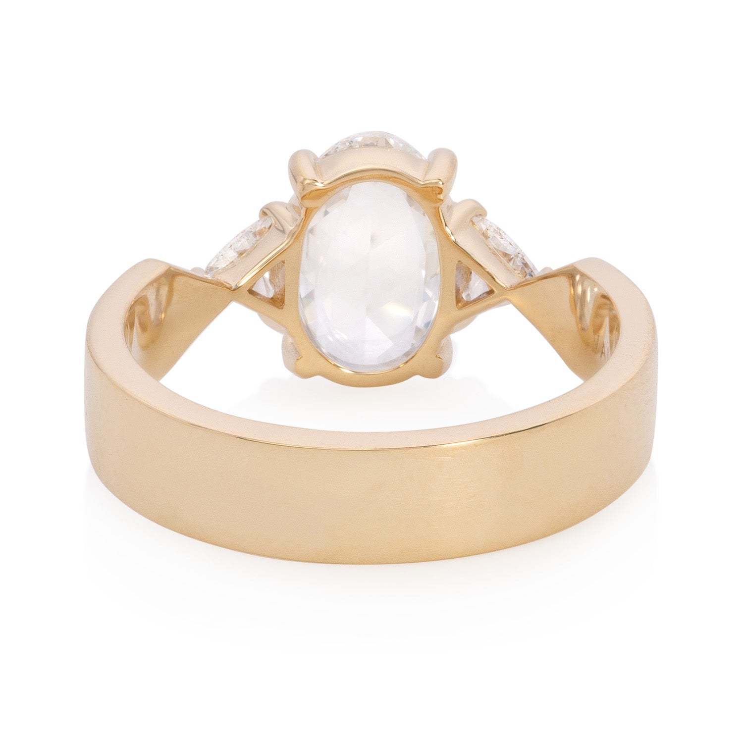 Vale Jewelry One of a Kind Oval Rose Cut and Trillion Belted Diamond Ring in Yellow Gold Back View