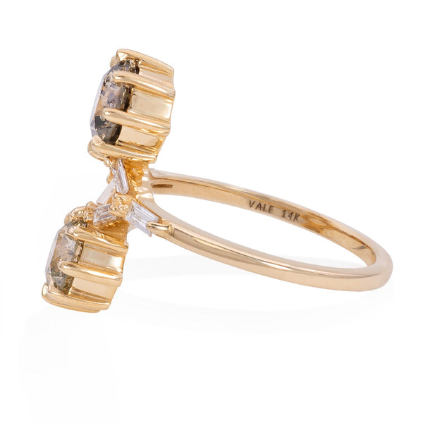 Vale Jewelry OOAK Toi et Moi Round Brilliant Cut Salt and Pepper Diamond Ring with Baguette Cut White Diamonds in 14 Karat Yellow Gold Side View