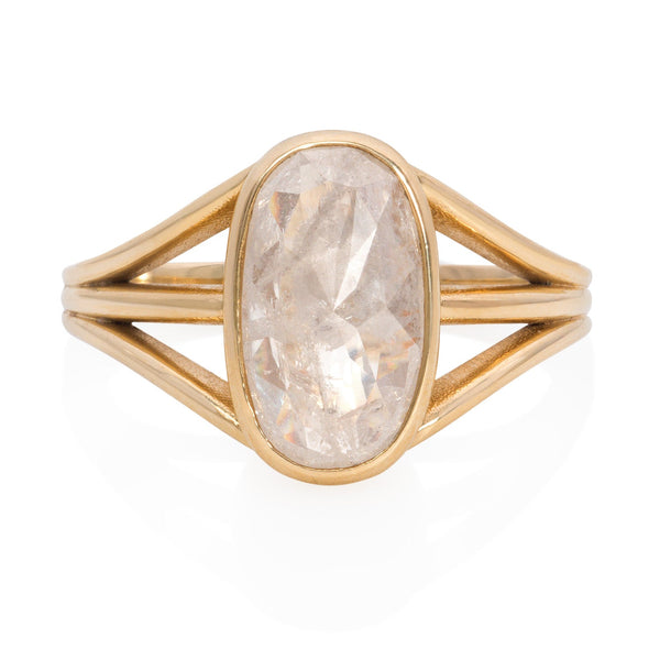 Vale Jewelry OOAK Triple Split Shank Grey Oval Rose Cut Diamond Ring in 18 Karat Yellow Gold Front View