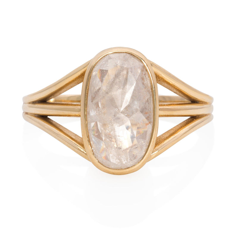 Vale Jewelry OOAK Triple Split Shank Grey Oval Rose Cut Diamond Ring in 18 Karat Yellow Gold Front View