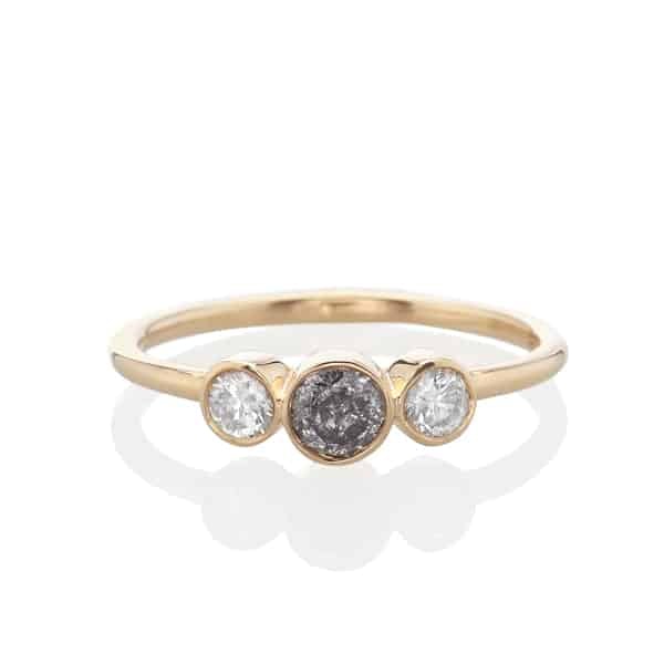 Vale Jewelry Othello Ring with Salt & Pepper and White Round Brilliant Cut Diamonds in 14 Karat Yellow Gold Front View