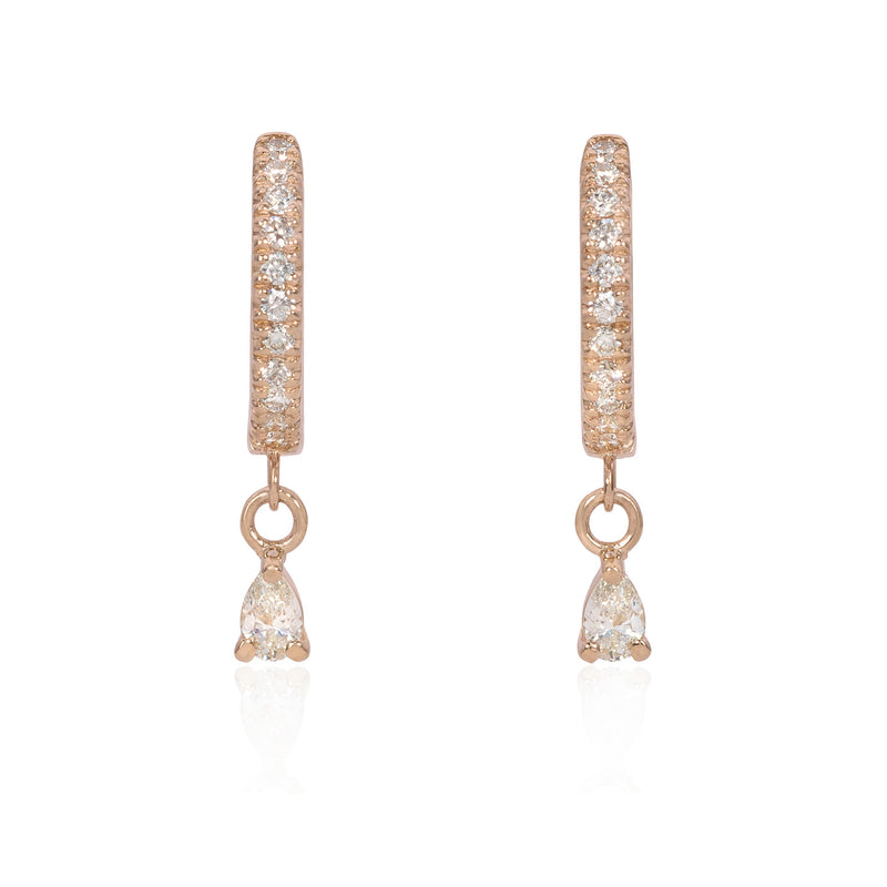 Vale Jewelry Pave Huggie Earrings with Hanging Pear Diamond Charm Rose Gold Front View