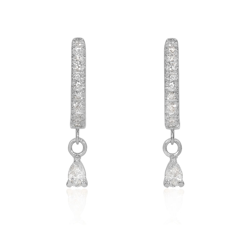Vale Jewelry Pave Huggie Earrings with Hanging Pear Diamond Charm White Gold Front View
