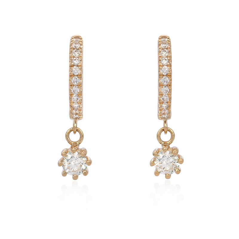 Vale Jewelry Pave Huggie Earrings with Hanging Round Diamond Charm Yellow Gold Front View