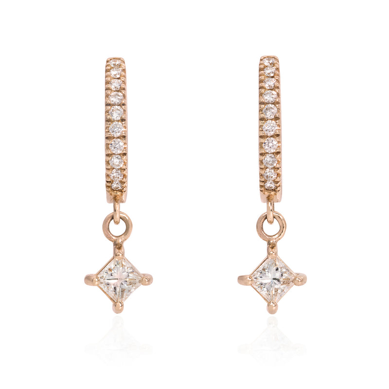 Vale Jewelry Pave Huggies Earrings with Hanging Charm Princess Cut Diamond Rose Gold Front View
