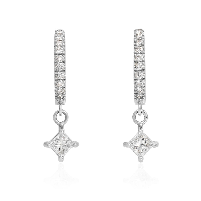 Vale Jewelry Pave Huggies Earrings with Hanging Charm Princess Cut Diamond White Gold Front View