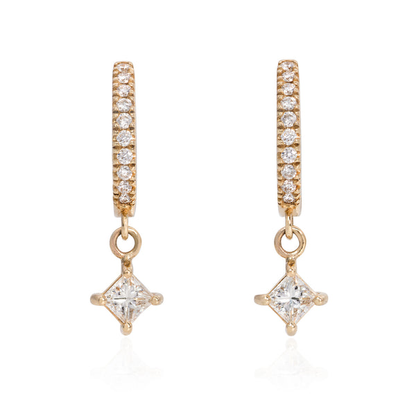Vale Jewelry Pave Huggies Earrings with Hanging Charm Princess Cut Diamond Yellow Gold Front View