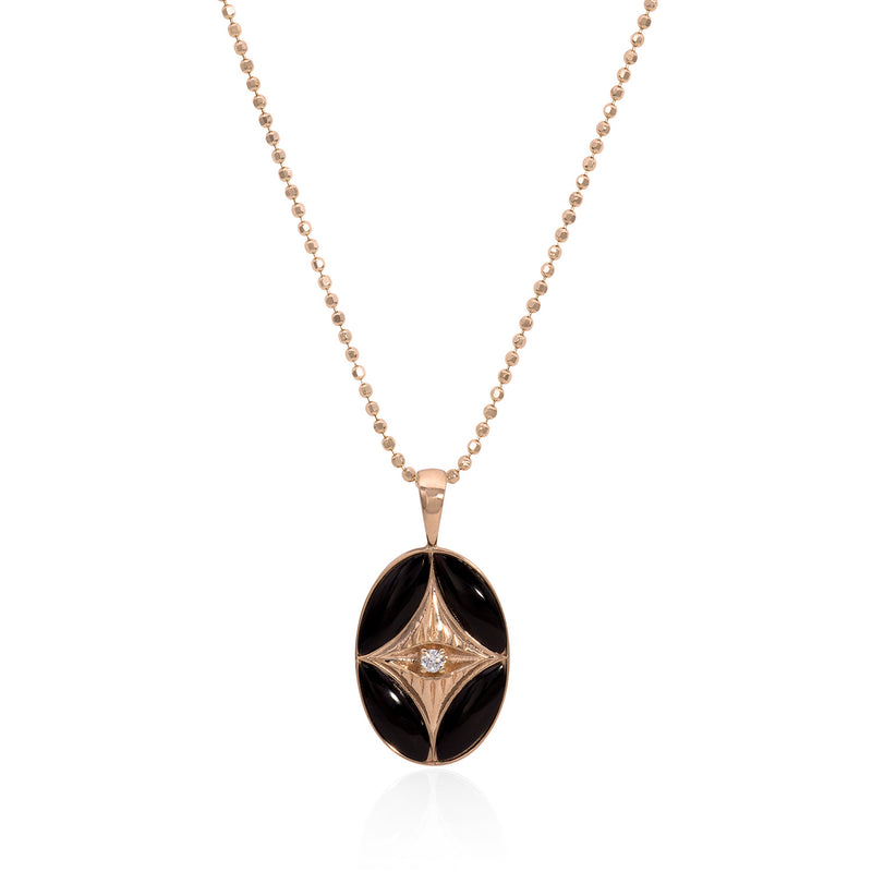 Vale Jewelry Perrine Necklace with Black Onyx and White Brilliant Cut Round Diamond with Teardrop Bail on Faceted Bead Chain in 14 Karat Rose Gold Close Up