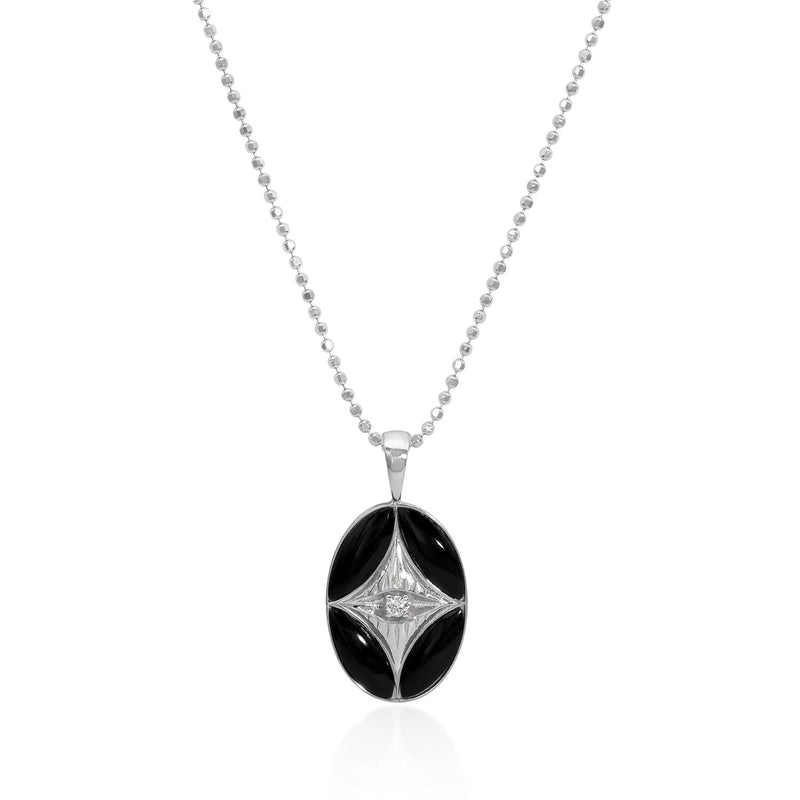 Vale Jewelry Perrine Necklace with Black Onyx and White Brilliant Cut Round Diamond with Teardrop Bail on Faceted Bead Chain in 14 Karat White Gold Close Up