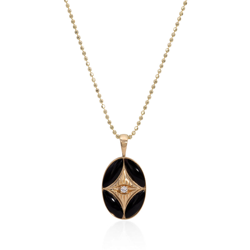 Vale Jewelry Perrine Necklace with Black Onyx and White Brilliant Cut Round Diamond with Teardrop Bail on Faceted Bead Chain in 14 Karat Yellow Gold Close Up