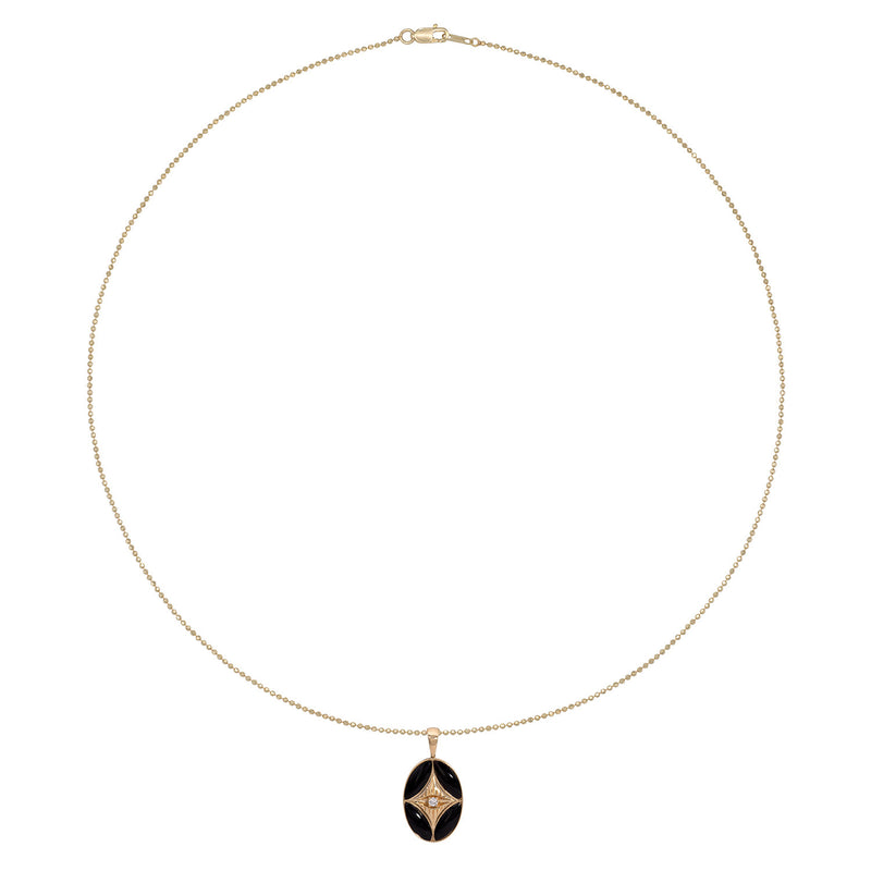 Vale Jewelry Perrine Necklace with Black Onyx and White Brilliant Cut Round Diamond with Teardrop Bail on Faceted Bead Chain in 14 Karat Yellow Gold Full Circle