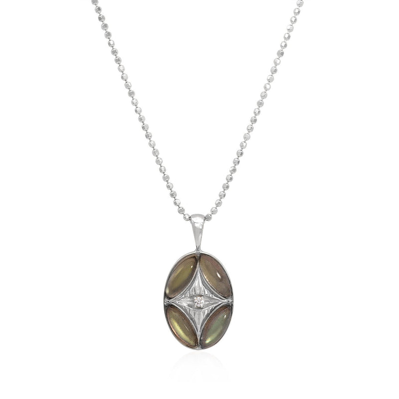Vale Jewelry Perrine Necklace with Labradorite and White Brilliant Cut Round Diamond with Teardrop Bail on Faceted Bead Chain in 14 Karat White Gold Close Up