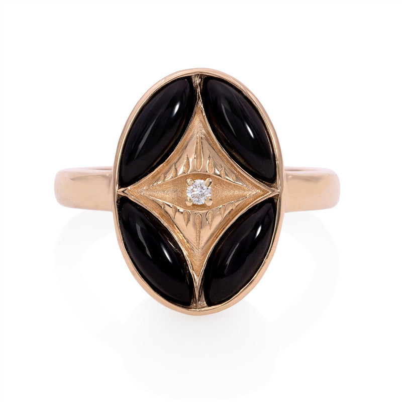 Vale Jewelry Perrine Ring with Black Onyx and Round Brilliant Cut White Diamond in 14 Karat Rose Gold Front View