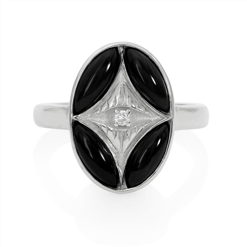 Vale Jewelry Perrine Ring with Black Onyx and Round Brilliant Cut White Diamond in 14 Karat White Gold Front View
