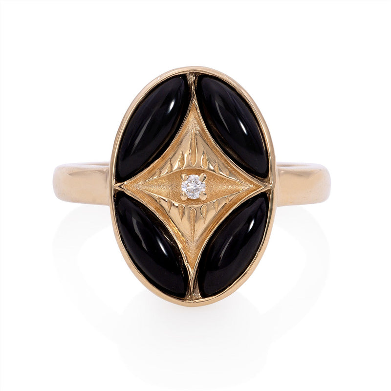 Vale Jewelry Perrine Ring with Black Onyx and Round Brilliant Cut White Diamond in 14 Karat Yellow Gold Front View
