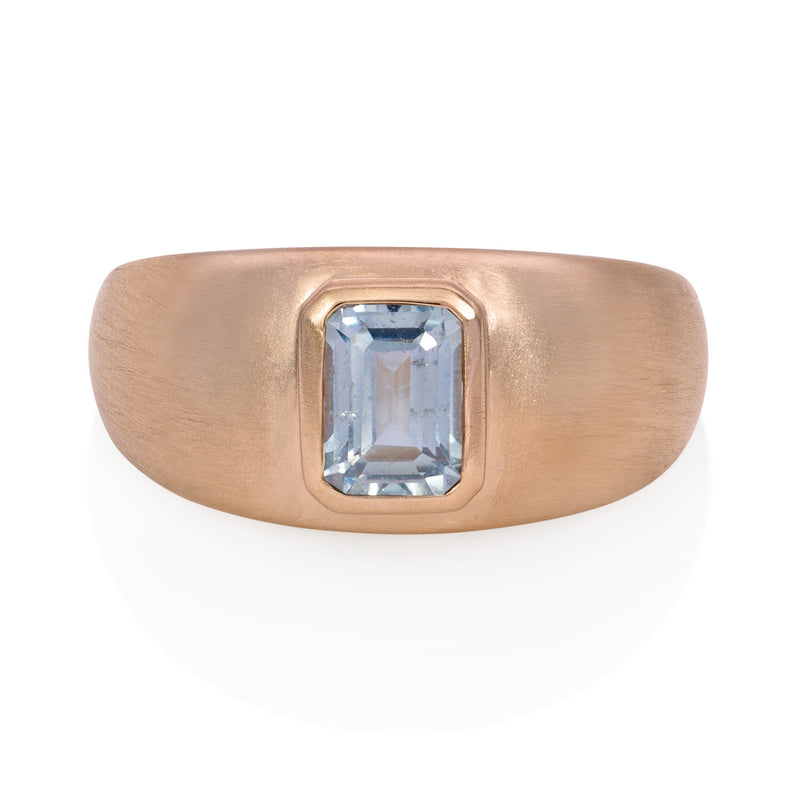Vale Jewelry Petra Ring with Emerald Cut Blue Sapphire in 14 Karat Rose Gold Satin Finish Front View