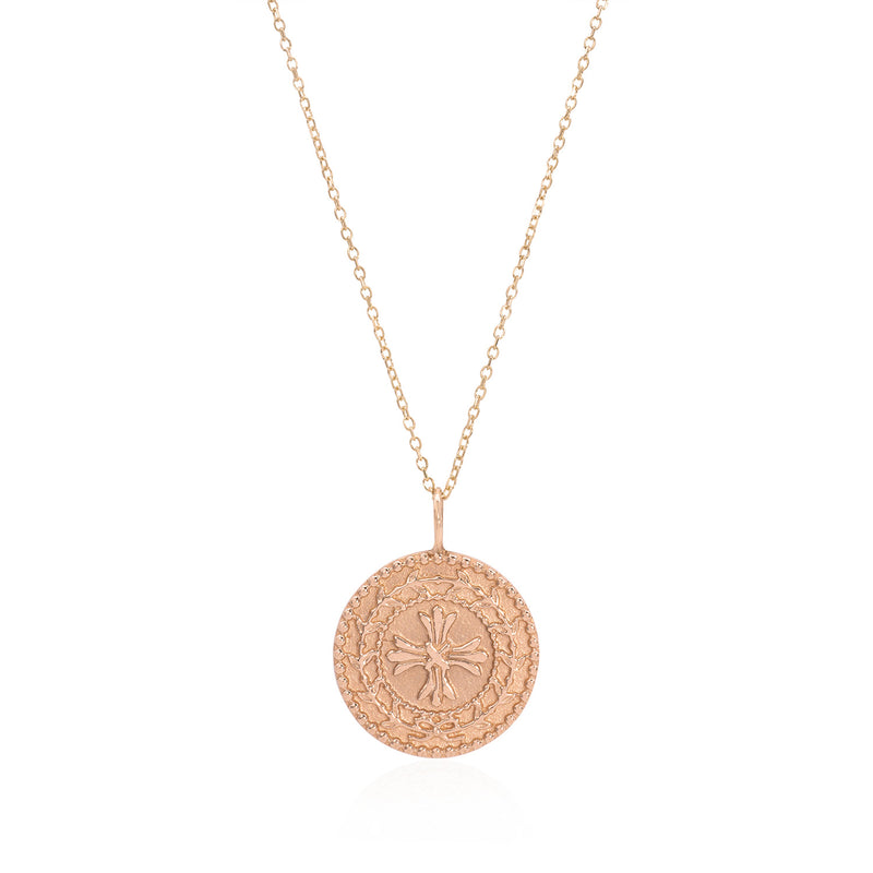 Vale Jewelry Protection Medallion Necklace on Diamond Cut Cable Chain in 14 Karat Rose Gold Close Up
