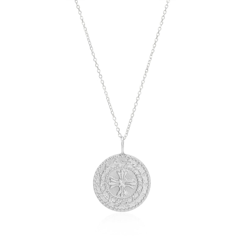 Vale Jewelry Protection Medallion Necklace on Diamond Cut Cable Chain in 14 Karat White Gold Close Up
