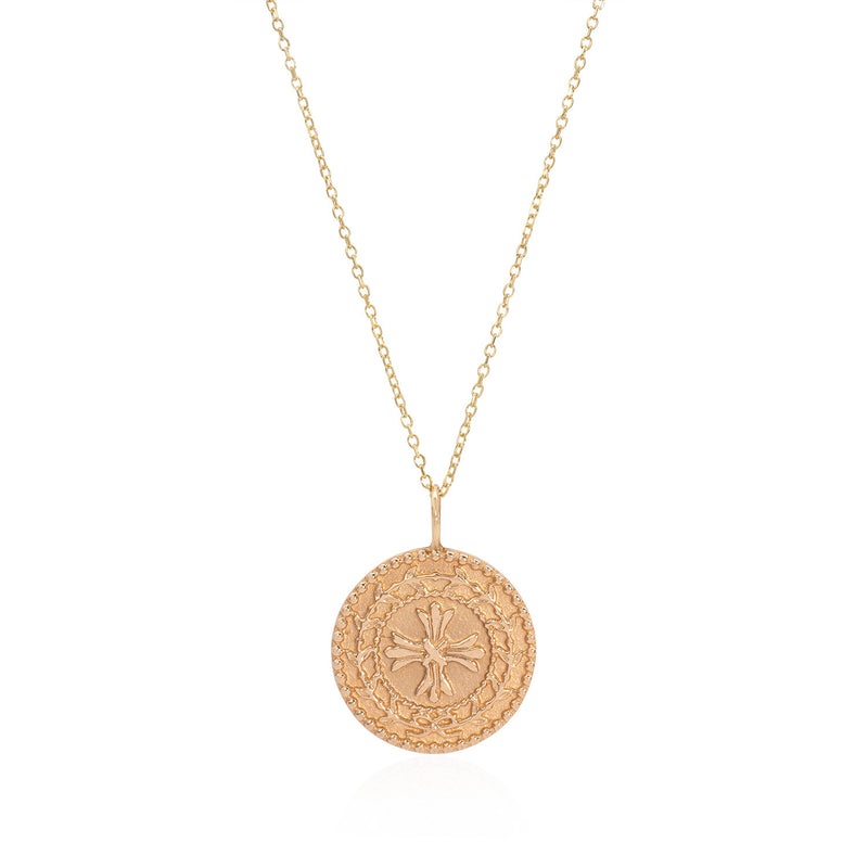Vale Jewelry Protection Medallion Necklace on Diamond Cut Cable Chain in 14 Karat Yellow Gold Close Up